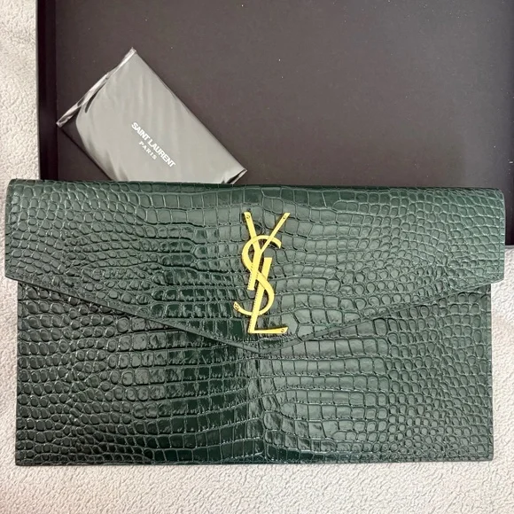 SAINT LAURENT YSL Dark Mint Green Uptown Croc Print Med Envelope Pouch Clutch - Picture 4 of 12